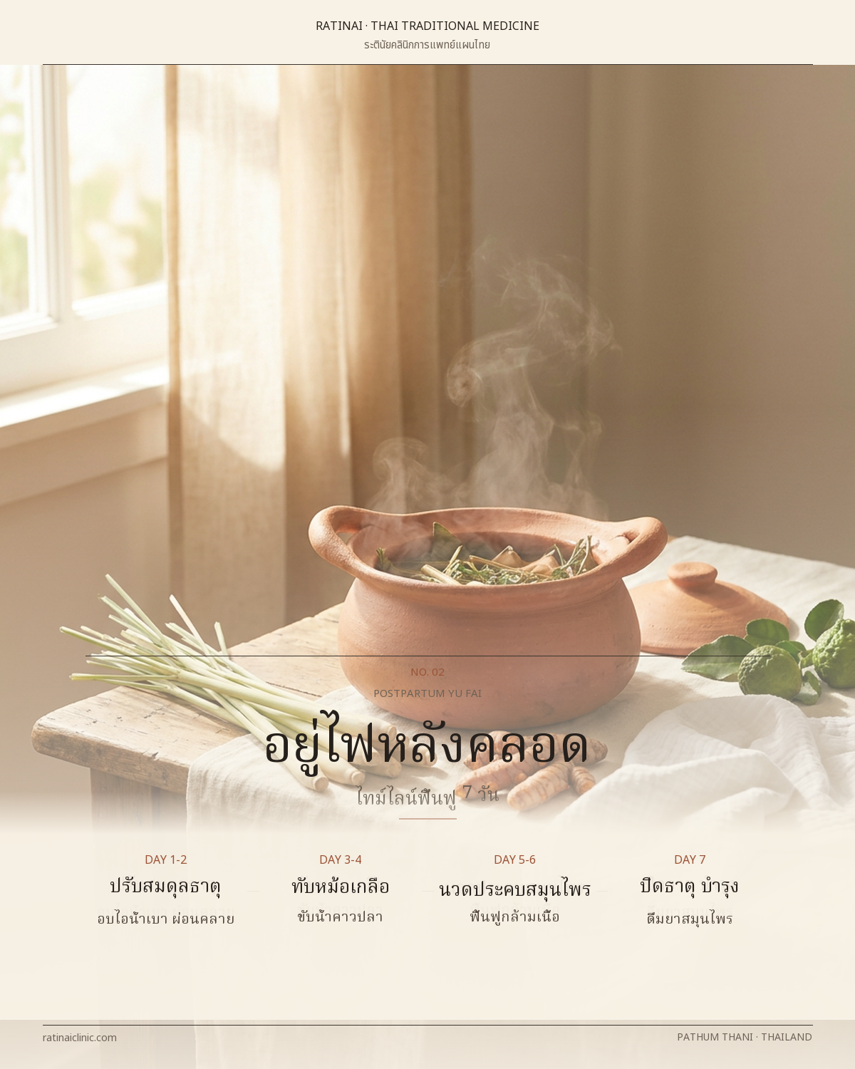 อินโฟกราฟิกไทม์ไลน์อยู่ไฟหลังคลอด 7 วัน ปรับสมดุลธาตุ ขับน้ำคาวปลา ฟื้นฟูกล้ามเนื้อ และปิดธาตุ